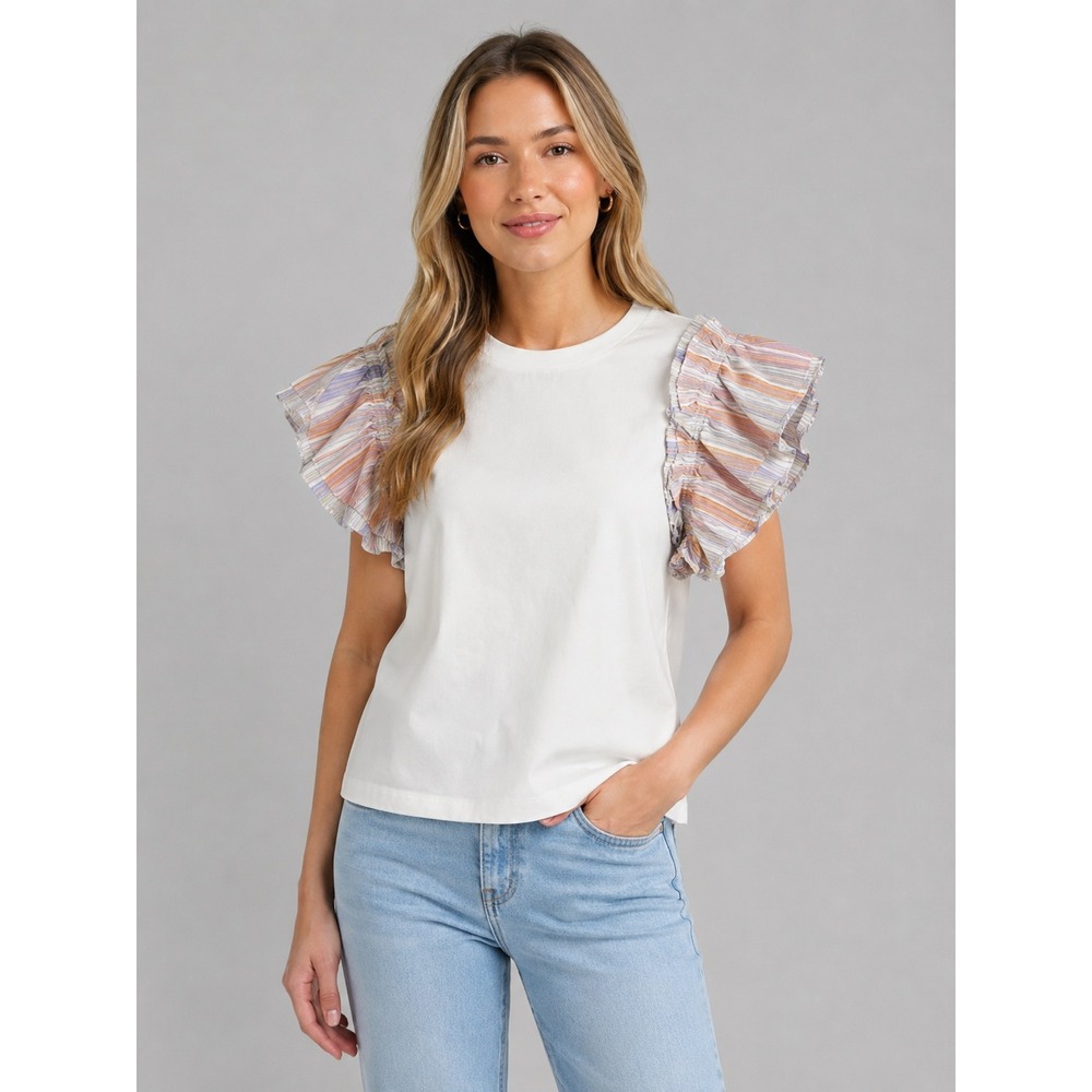 FLAT WHITE Anthropologie Ruffle Sleeve Striped Tee XS Whiteโ NEW Coastal Preppy